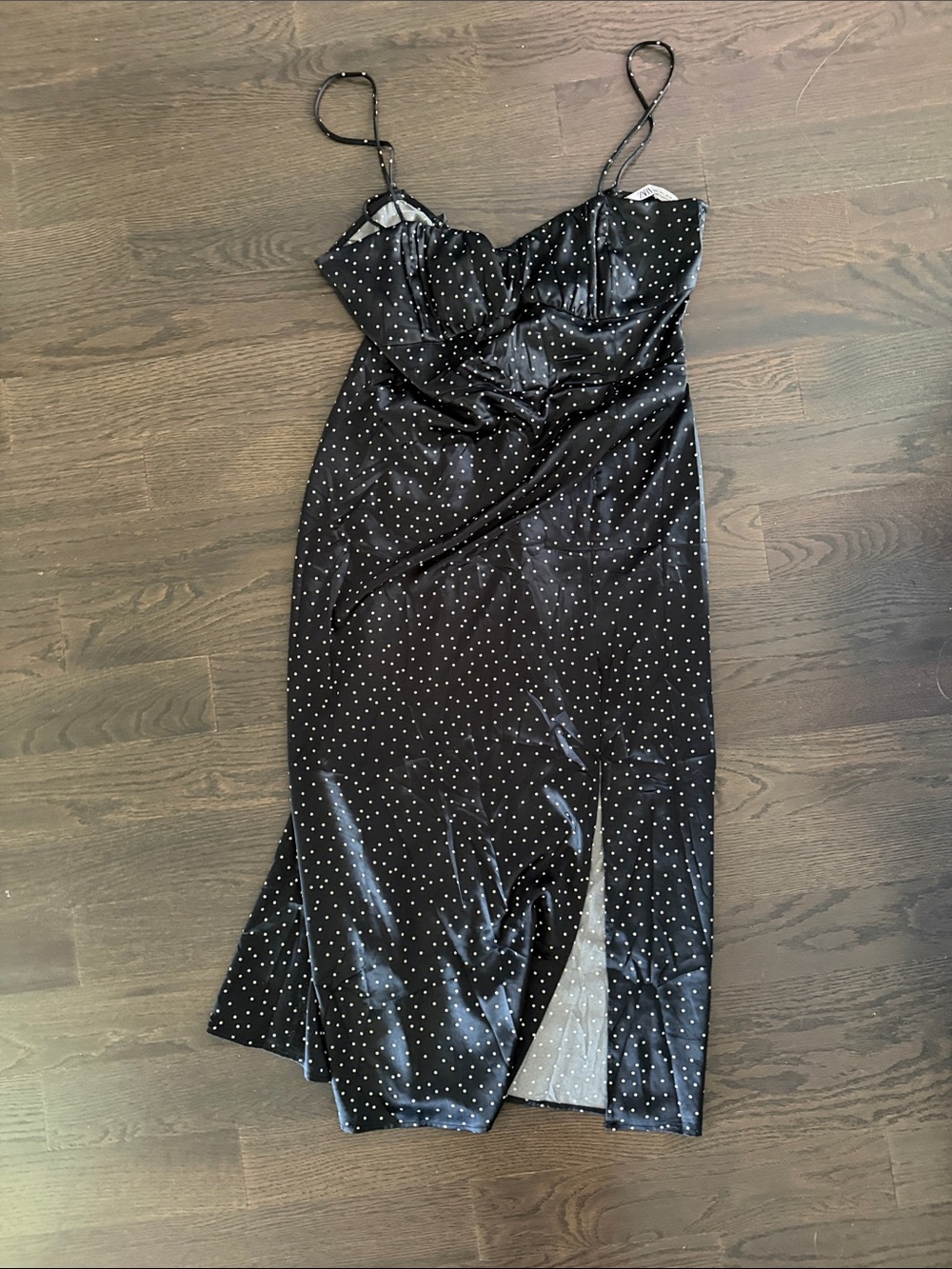 Black Polka Dot Slip Dress with Side Slit